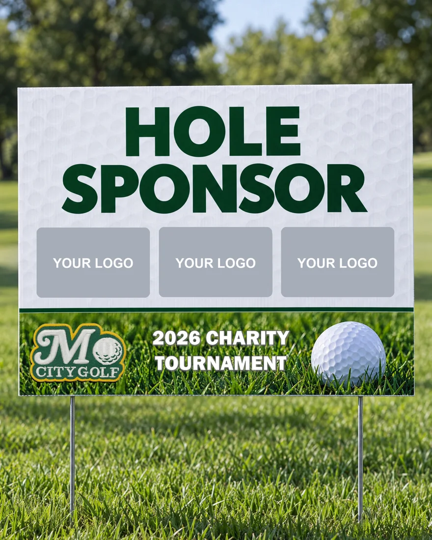 Hole sponsor yard sign on the course with three YOUR LOGO spots and the Mo City Golf logo with 2026 Charity Tournament across the bottom