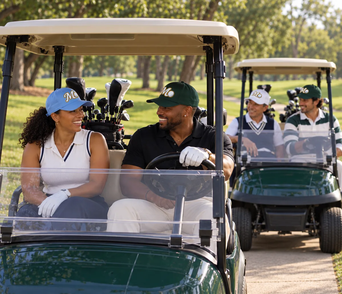 Golfers in Mo City Golf hats riding golf carts down the cart path